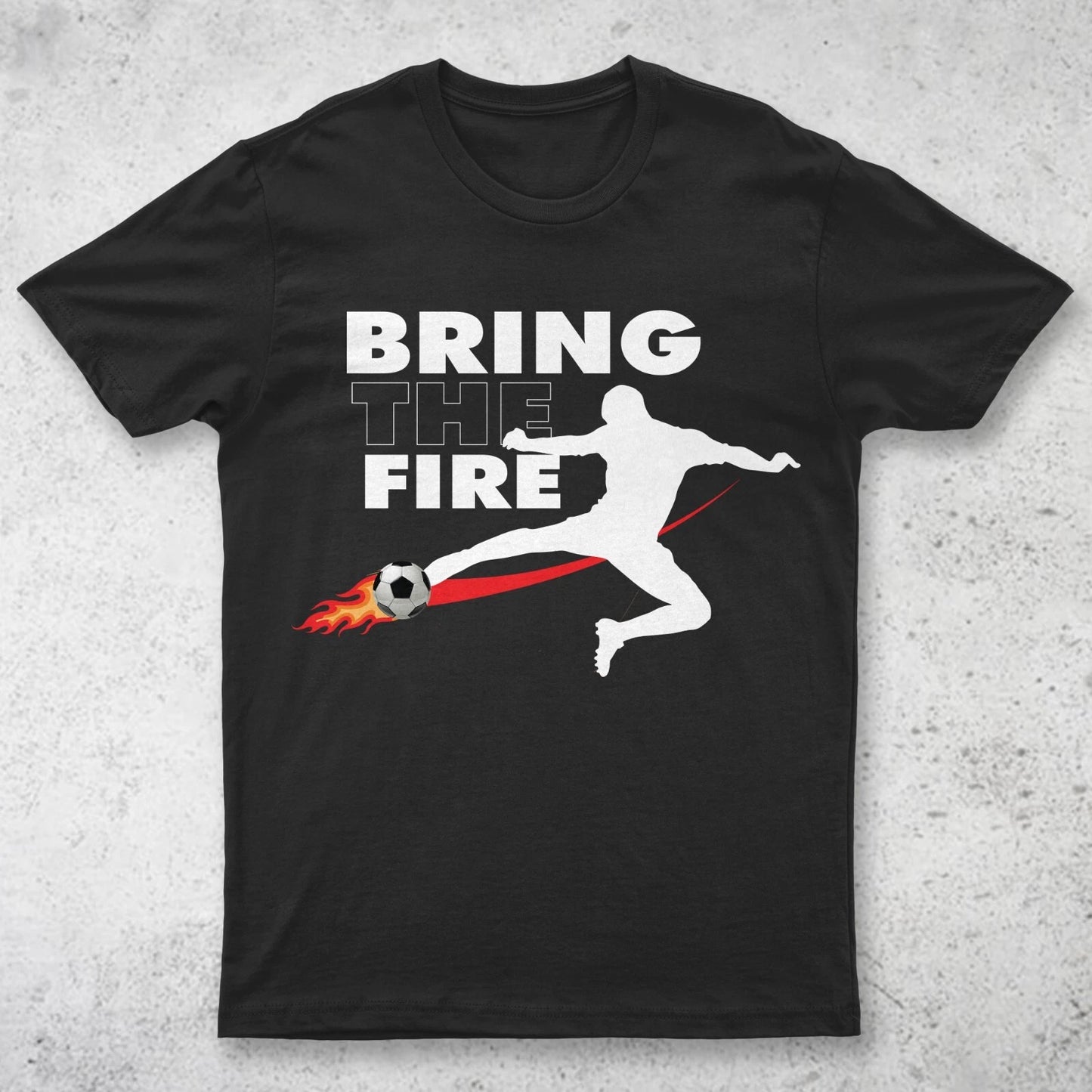 Bring the Soccer Fire T-shirt by Berts - Short Sleeve Round Neck Black Tee