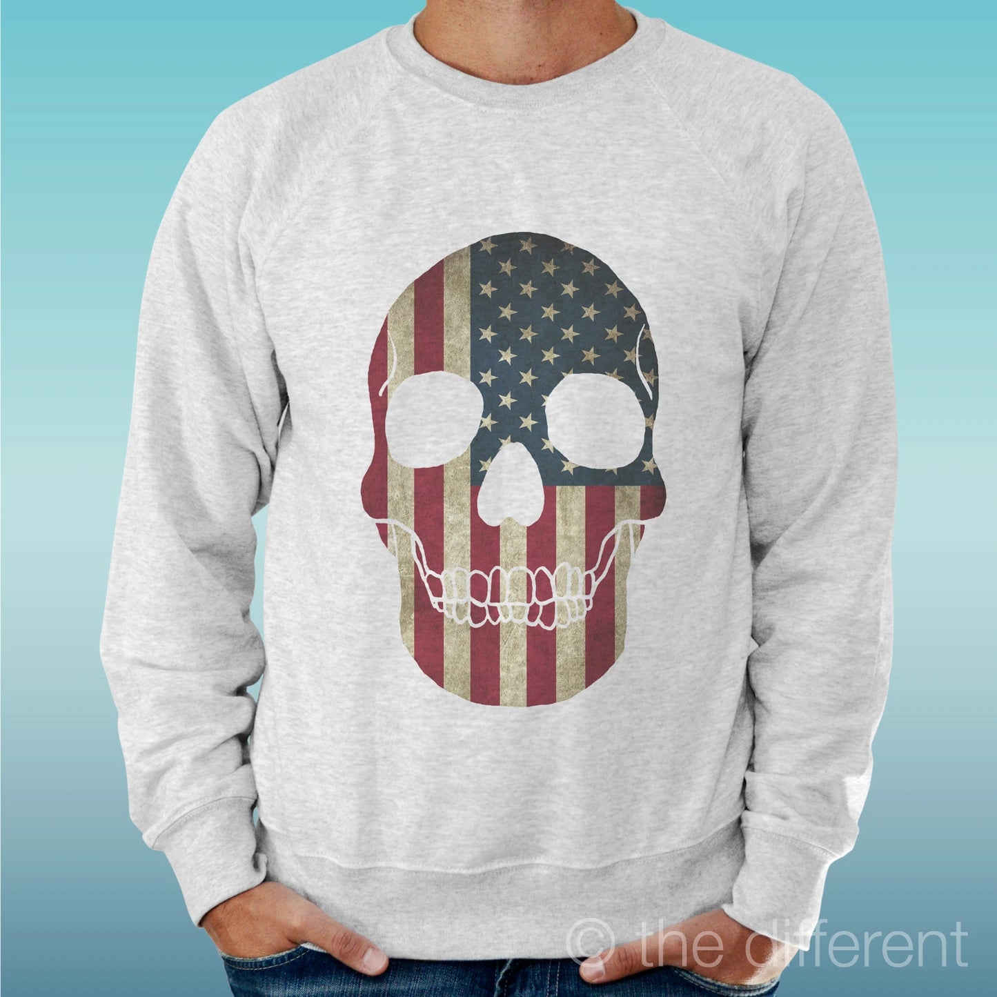 Felpa Man Light Sweater Light Grey " Skull American Flag Skull "
