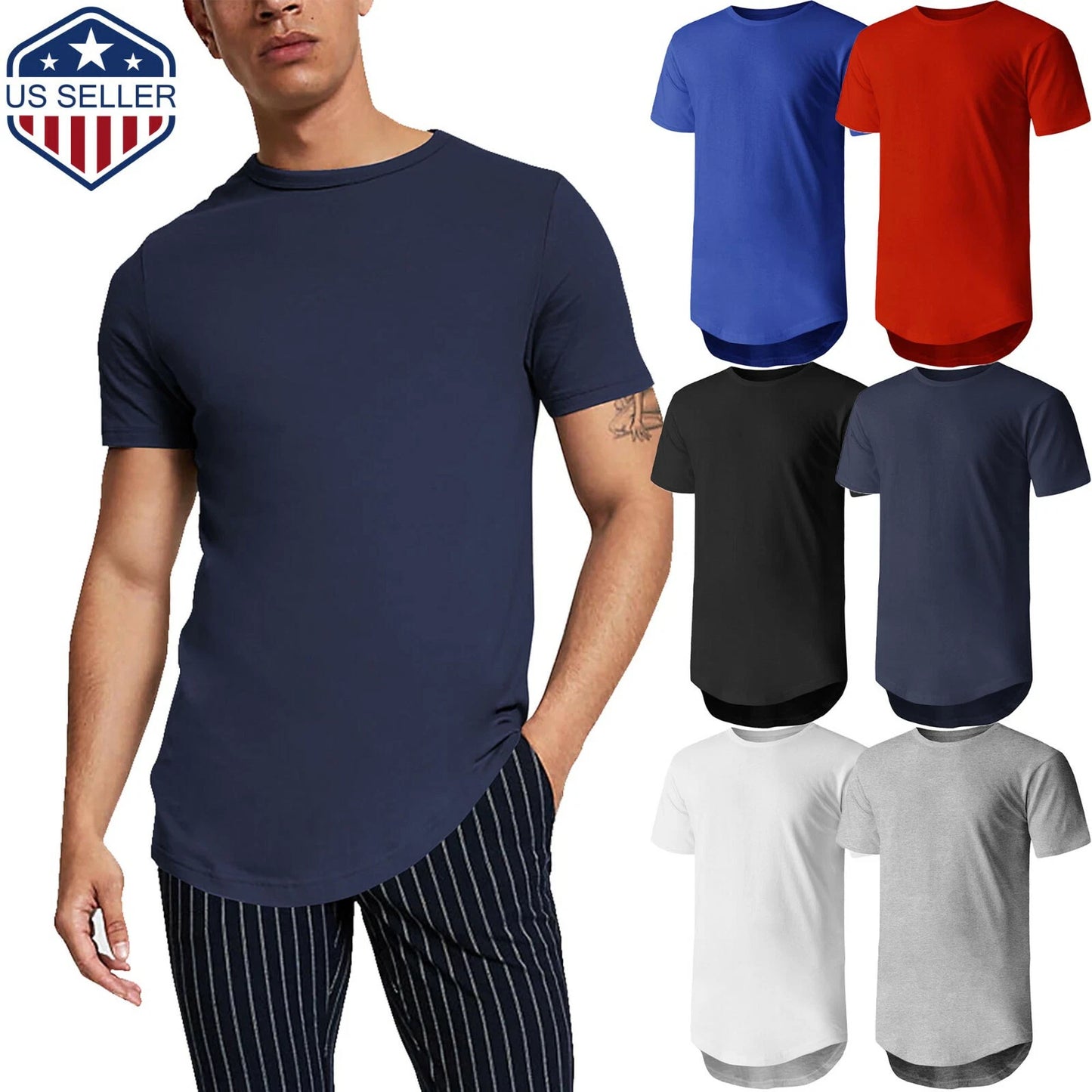 Mens Longline T Shirts HIPSTER Tee Hip Hop Crewneck Casual Basic Cotton Slim Fit