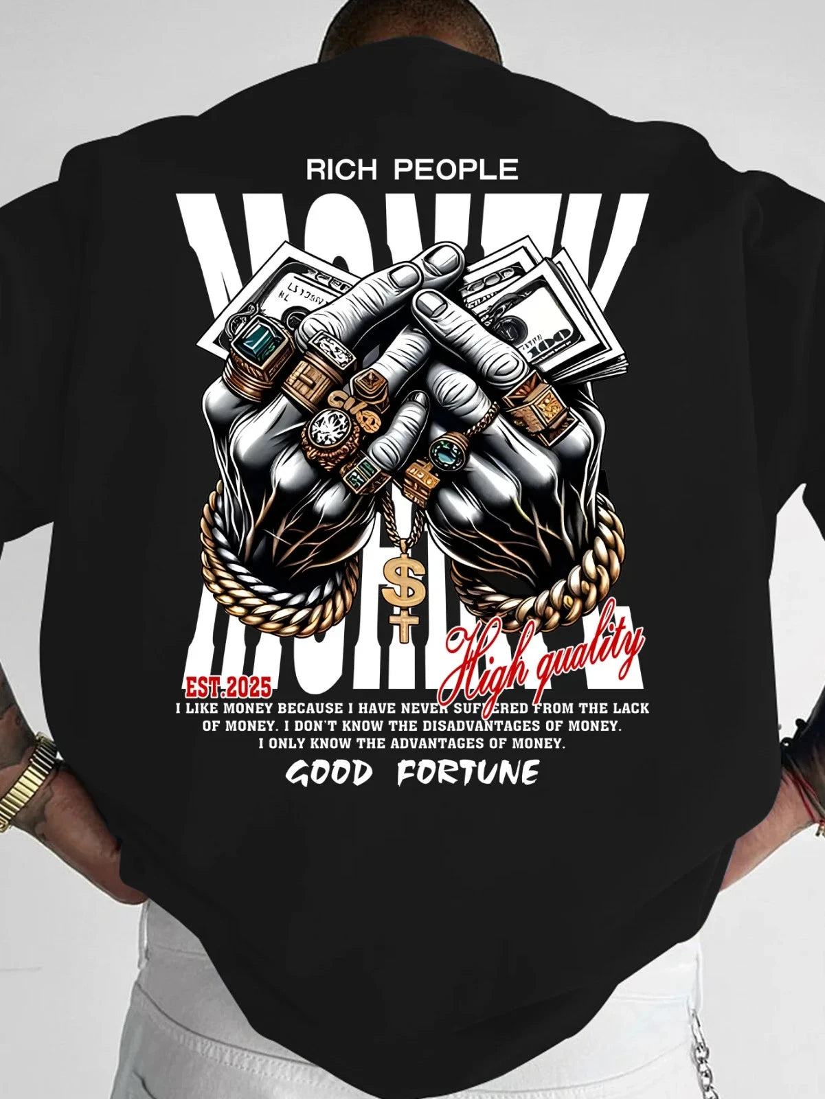 Men's T-Shirt Rich Hands & Dollar Print Streetwear Crew Neck Short Sleeve