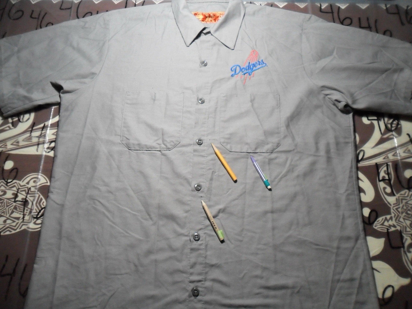 Large Dodgers Redcap Workwear Light Gray Button Damaged Shirt