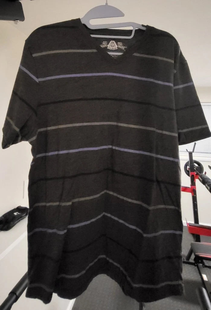 American Rag Men's Gray Stripe Short Sleeve V Neck Tee T-Shirt Size L (Large)