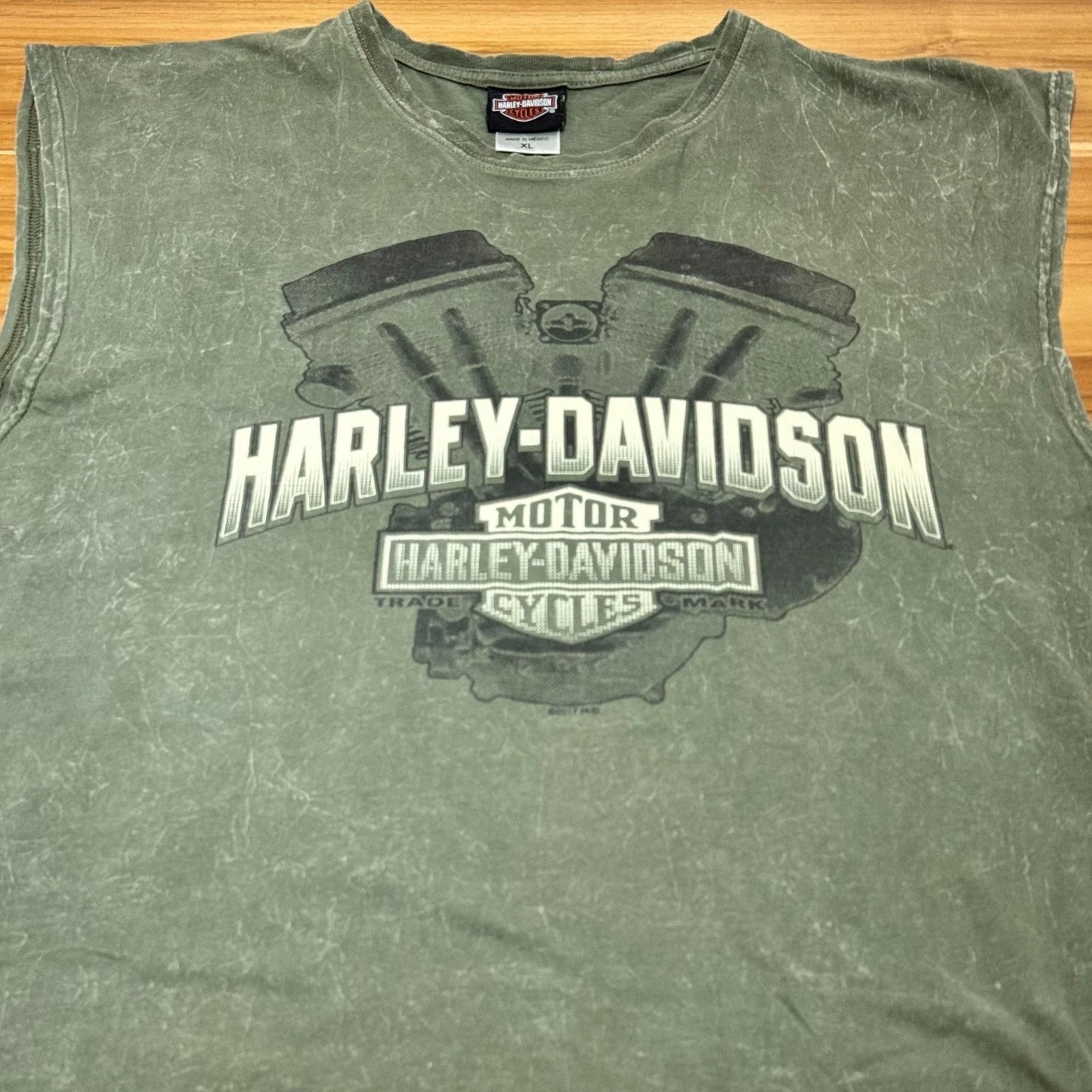 Harley Davidson Muscle Shirt XL Green Acid Wash V-Twin Canada Dealer Biker Tee