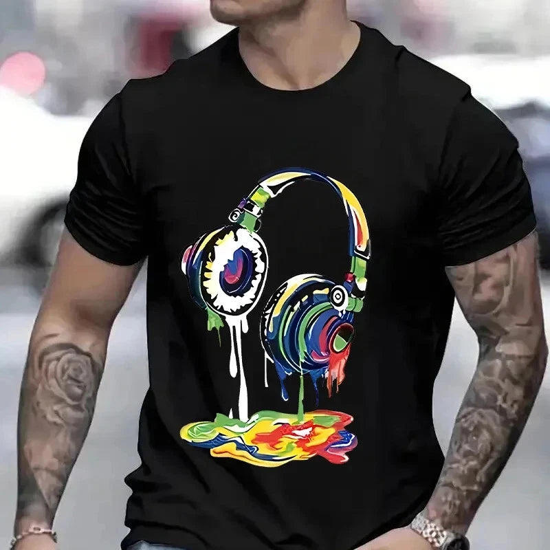 new Men's Oversized Hip Hop Graphic T-Shirt | Melting Headset Print |