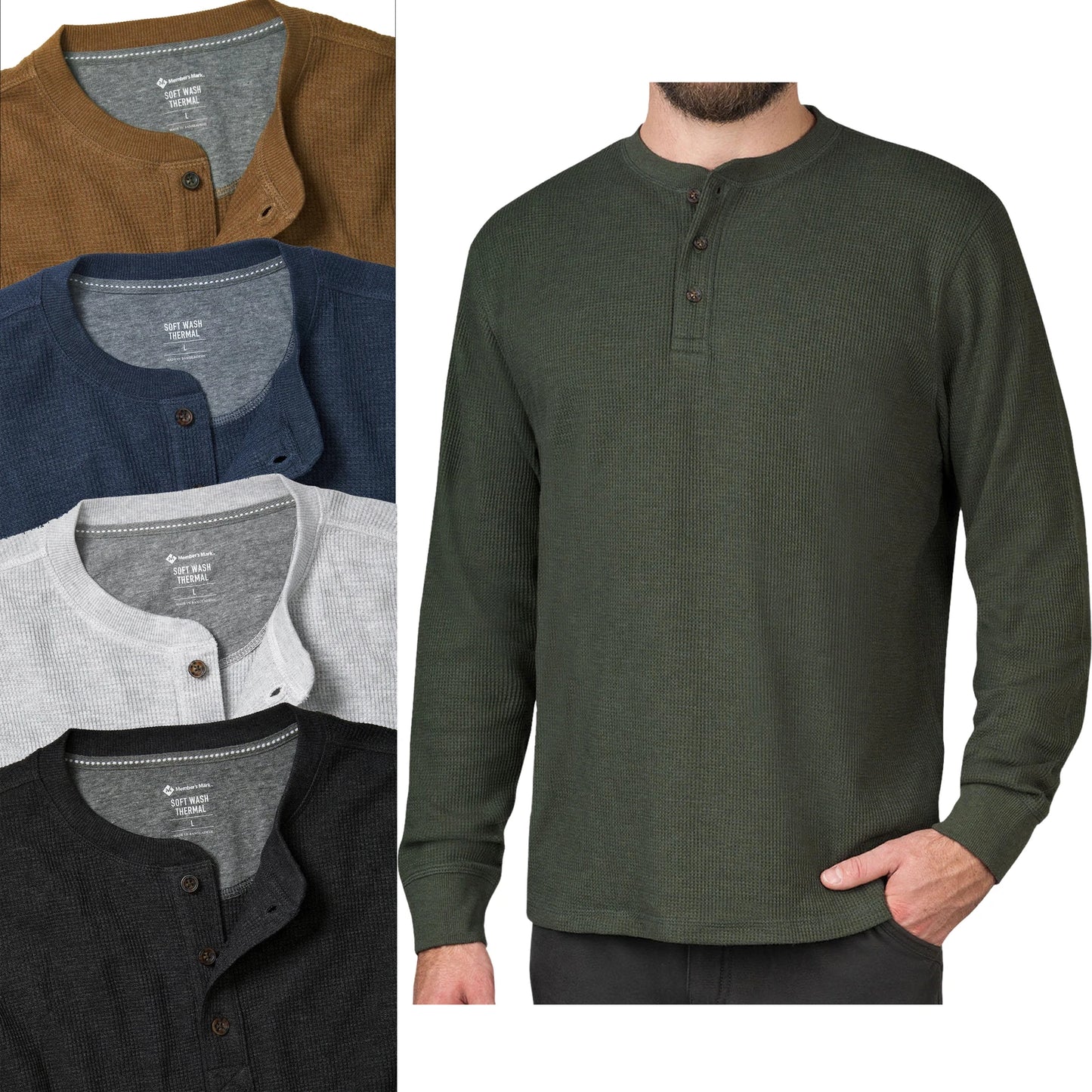 Mens Thermal Henley Long Sleeve T-Shirt Grandad Cuff Tee Warm Waffle Knit Winter