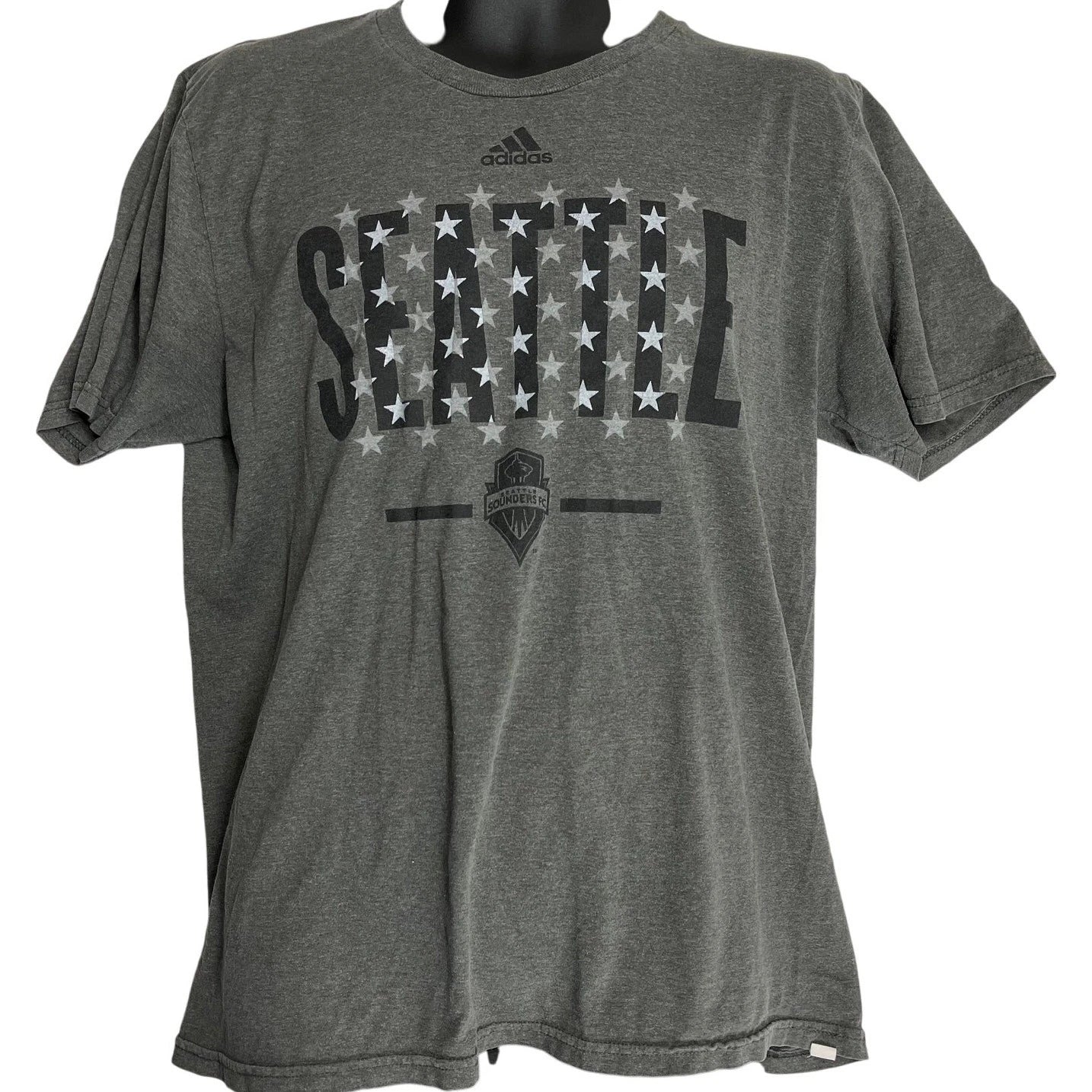 Adidas Seattle Sounders Shirt Men Size L Gray Short Sleeve Stars Print Soccer