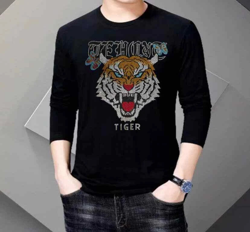 New Men Luxury Diamond Tiger Rhinestones Fashion Black Long T-Shirt High Quality
