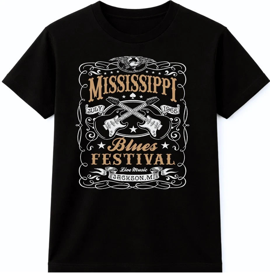 Mississippi Blues Festival T Shirt Vintage Guitar Music Retro Rock Concert Tee