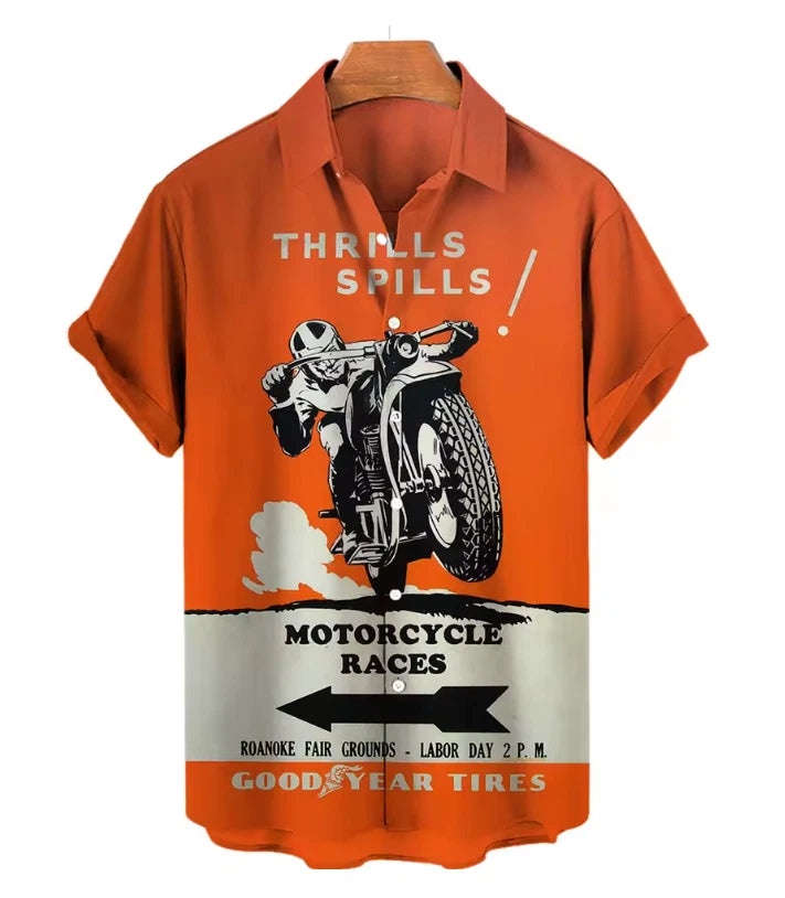 Mens Button Down Shirts Motorcycle Motorbike Printed Hawaiian Tops Novelty Gift