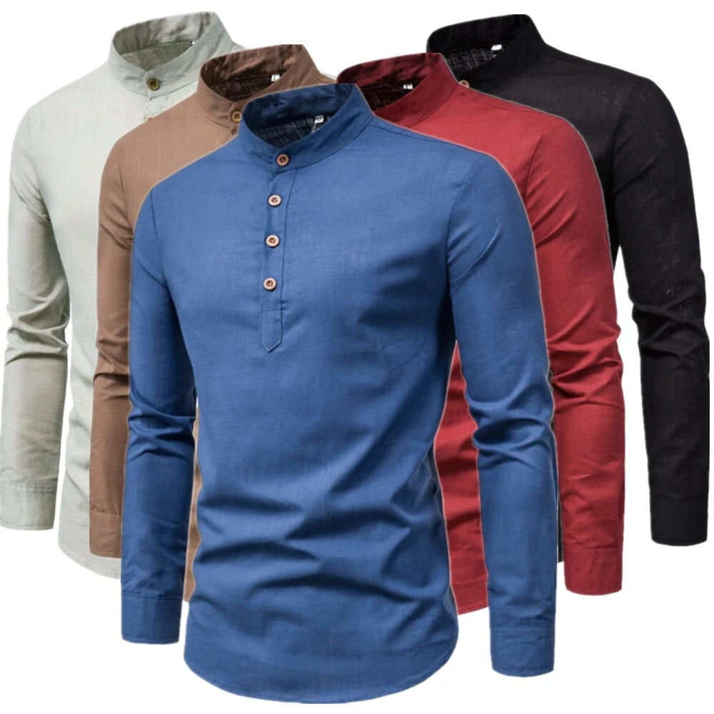 Mens Casual Cotton Shirt Long Sleeve Stand Collar Pullover Button Henley T-shirt