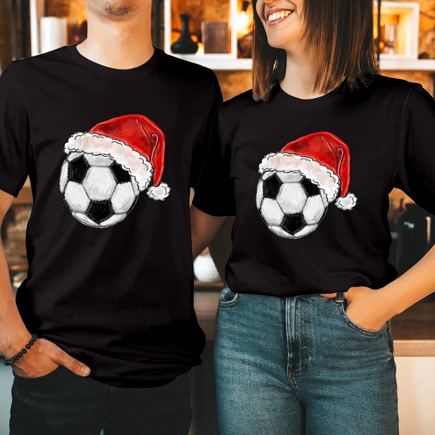 Christmas Football Soccer Ball Santa Hat Matching Couple Shirt Xmas Gift T-5299