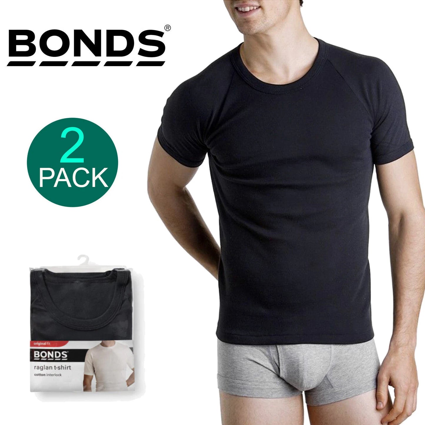 Bonds 2 Pack Crew Round Neck Raglan Blank Plain Basic Mens Black T‑shirt Tee Top