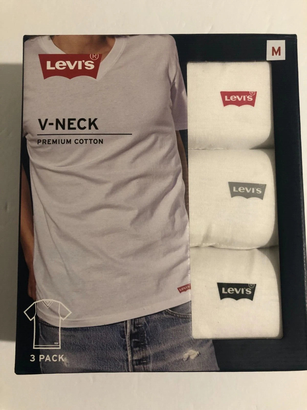 Levi's 3 Pack V-Neck T-Shirts Medium White Premium Cotton Blend Tag-Free Levis