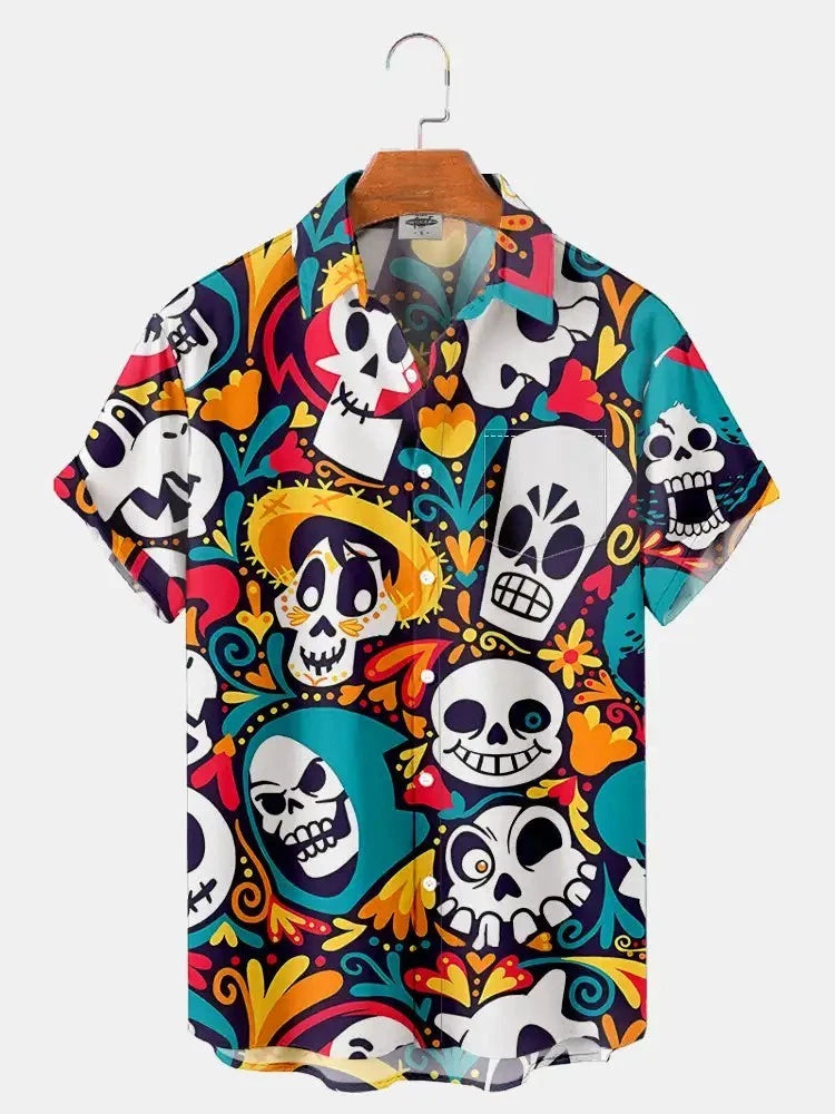 Mens Button Down Mexican Sugar Skull Day of the Dead Hawaiian Fiesta Shirt