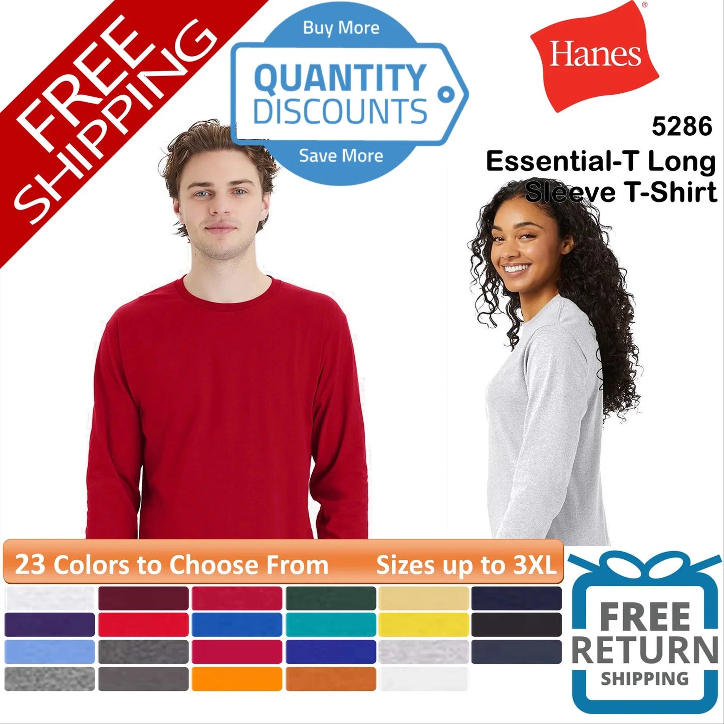 ๐ฅ Hanes Essential-T Long Sleeve Cotton & Blends T-Shirt Up To 3XL 5286
