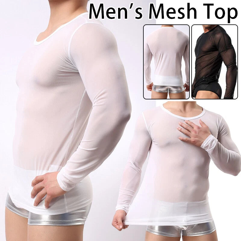Men's Mesh Long Sleeved T-Shirt Slim Fit and Breathable Round Neck T-Shirt