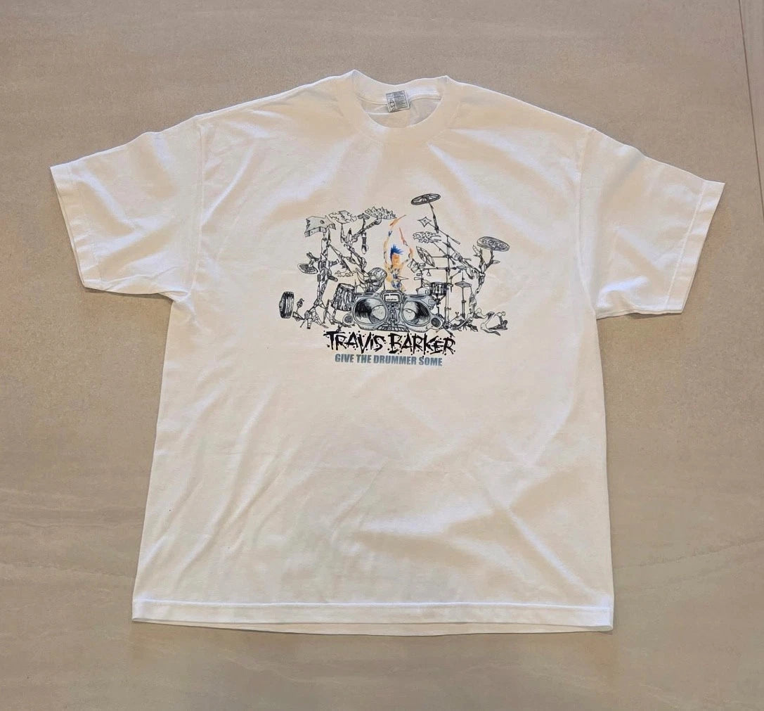 Travis Barker Give The Drummer Some White T-Shirt Size L Punk Rock Graphic Tee B