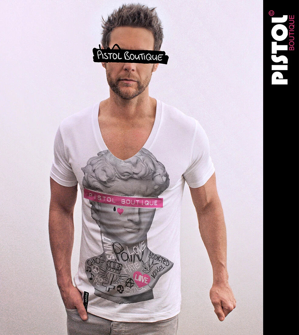 Pistol Boutique Uomo Bianco Fitted Deep V Neck Graffiti Tattoos Statue T-Shirt