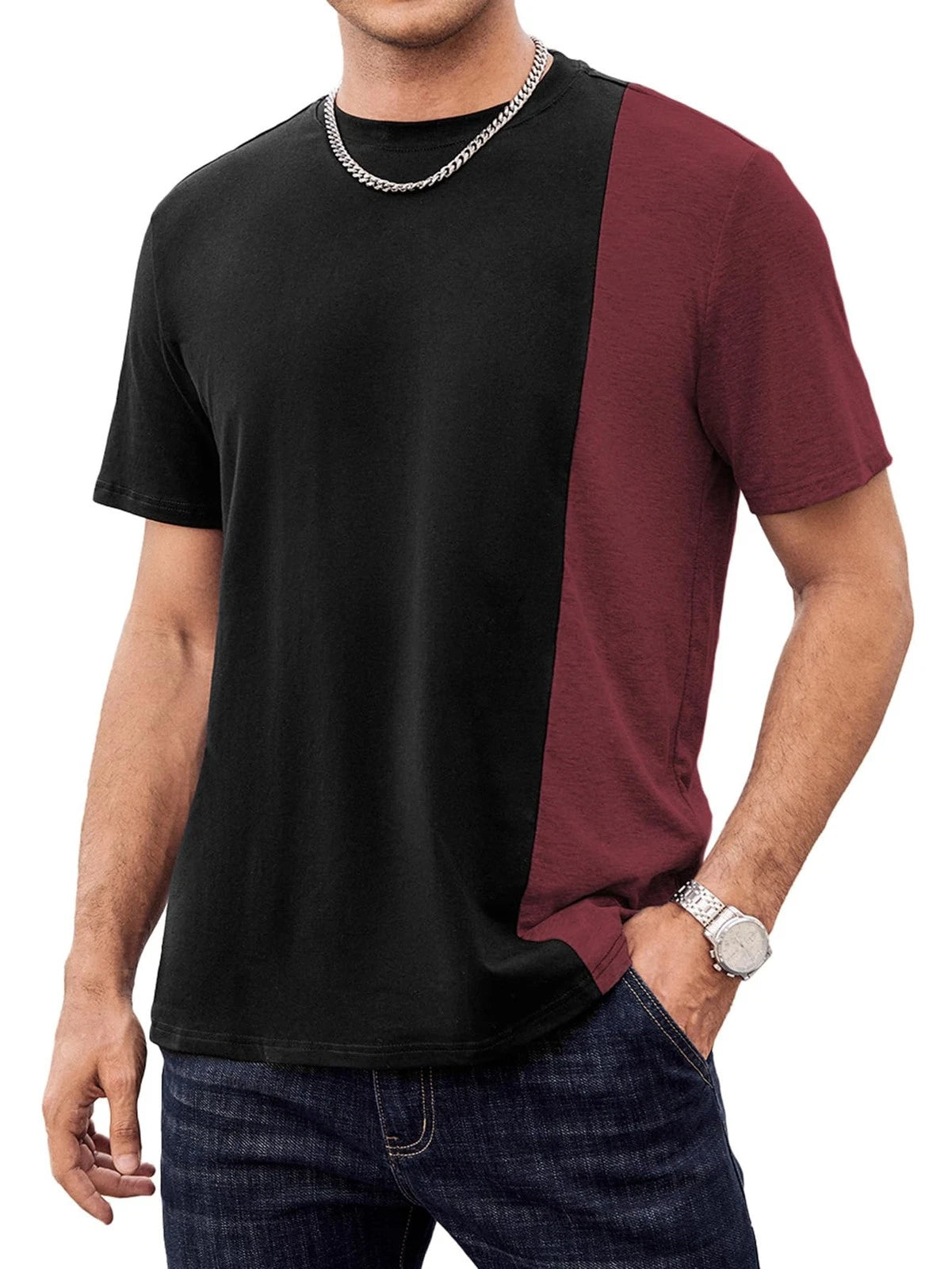 Men's Casual T-Shirts Crewneck Contrast Color Shirts Short Sleeve Color Block...