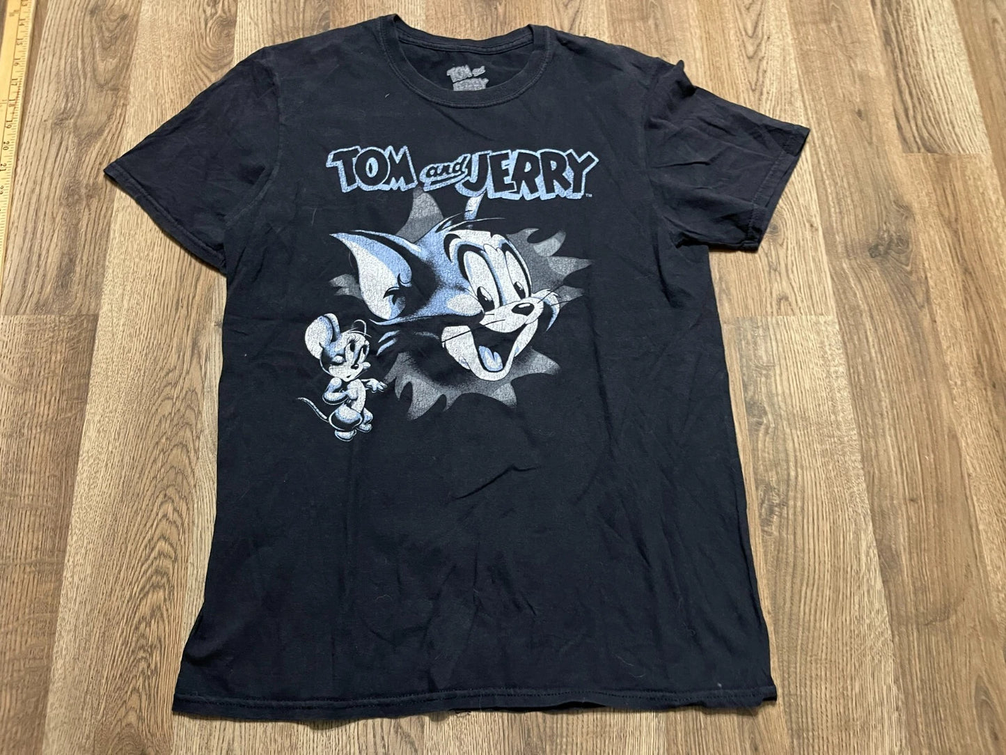 Tom & Jerry Shirt, Mens Size Medium, Black White Blue, Graphic Print