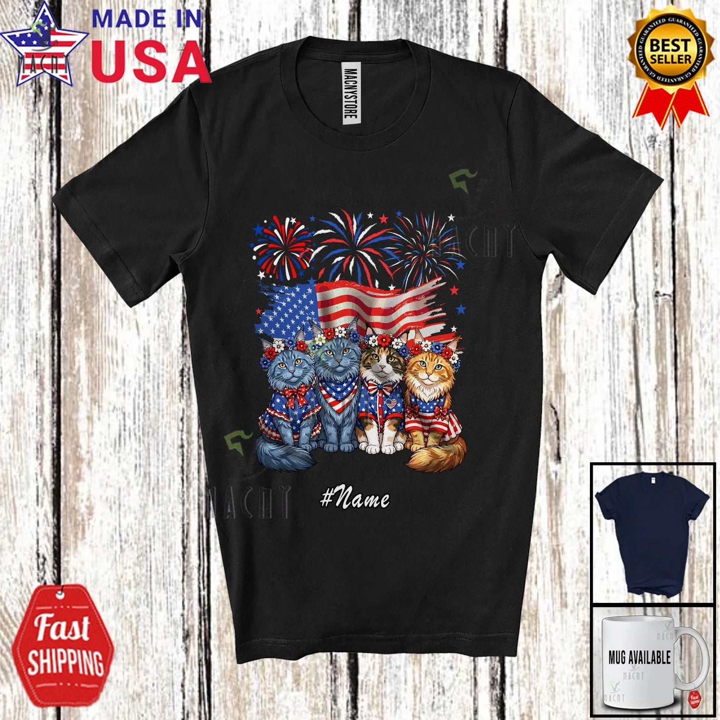Custom Name Four Maine Coon Cat Floral; 4th Of July US Flag Patriotic T-Shirt