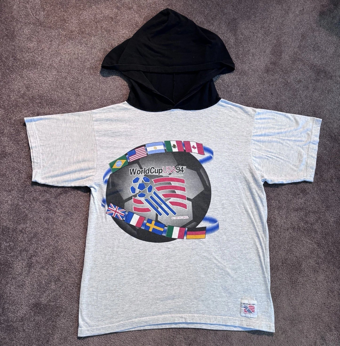 VTG World Cup USA 94 Hooded T-shirt Sz M Gray The Game 1991 Flags Soccer
