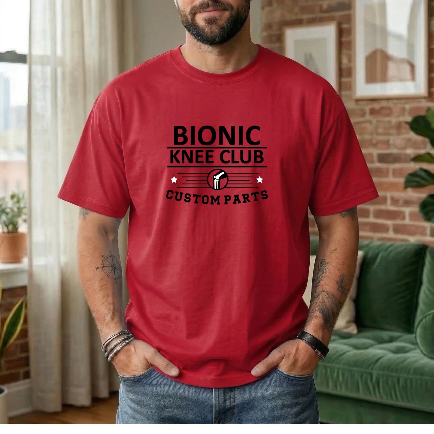 Bionic Knee Club Custom Parts T Shirt Knee Replacement Recovery Tee Gift- Red