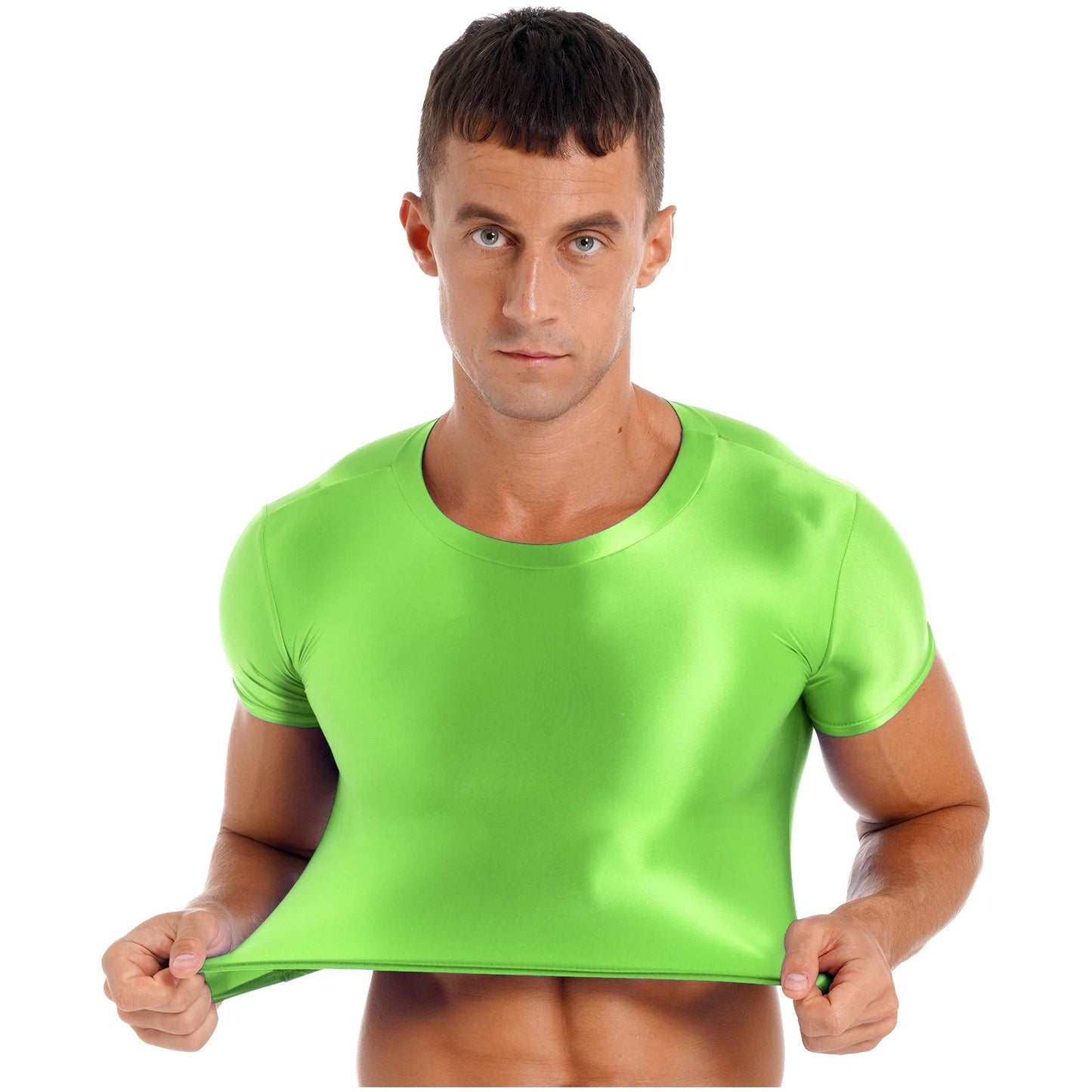 Men Glossy Crop Tops Stretchy Casual Short Sleeve T-shirt Muscle Tops Sportwear