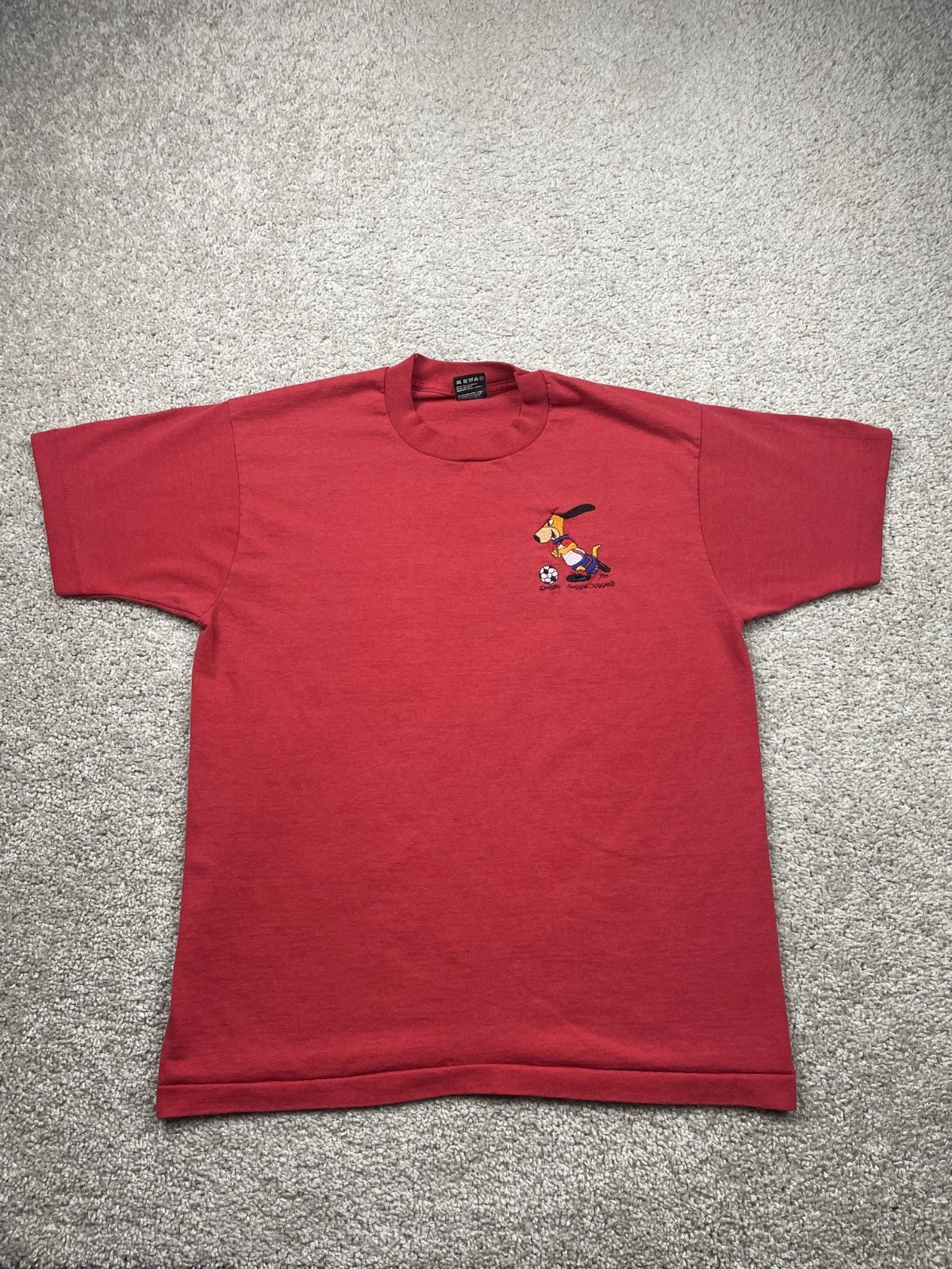 Vintage Augie Doggie Shirt Men's Large Red Soccer World Cup Embroidered 80s