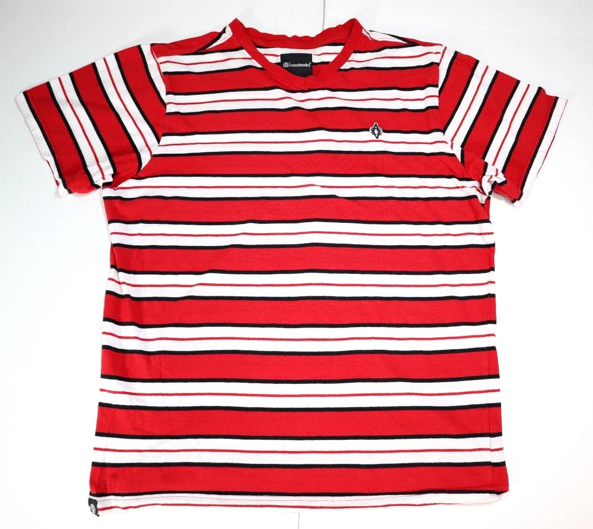 Akademiks Men's Short Sleeve T-Shirt Red/Black/White Stripes w Logo Size Large