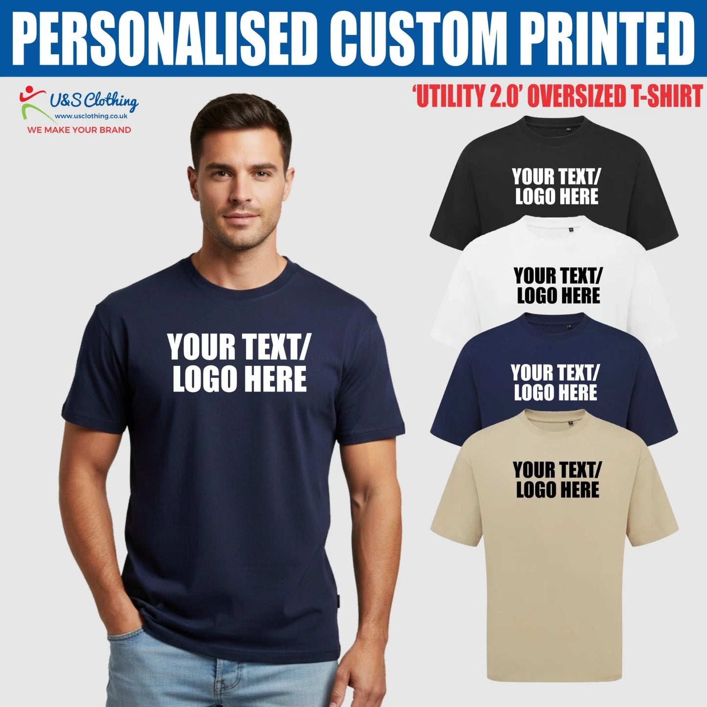 Personalised Printed Unisex Oversized T-Shirt Custom Text Logo Crew Neck Tee Top