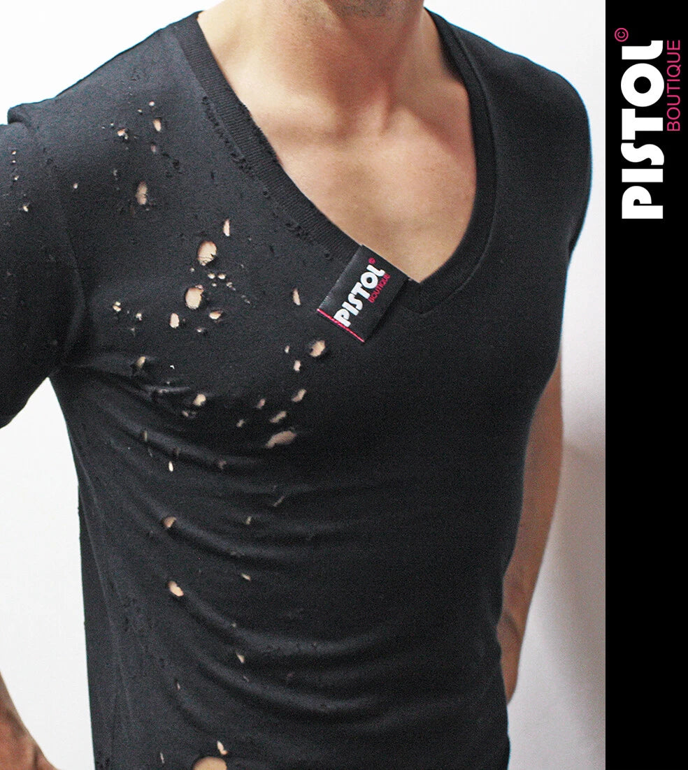 Pistol Boutique men's Fitted Black Deep V neck SHOTGUN distressed holed T-shirt