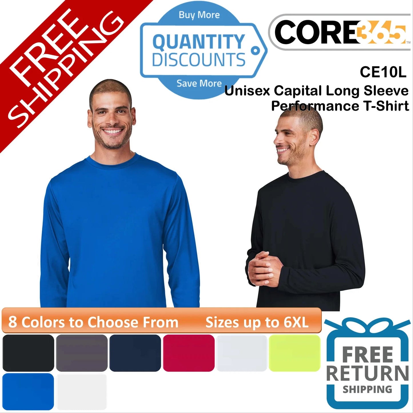 ๐ฅ CORE365 Unisex Capital Long Sleeve Performance T-Shirt Up To 6XL CE10L