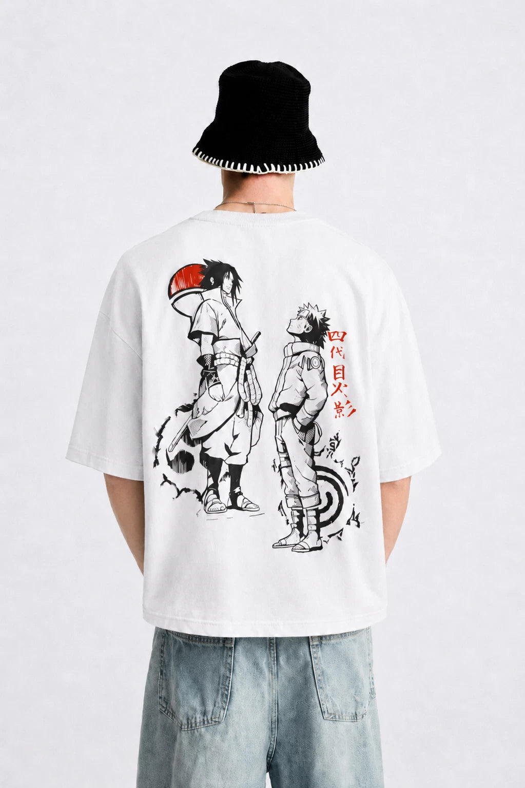 Anime Duo Print T-Shirt Manga Art Streetwear Tee Oversized Graphic T Shirt