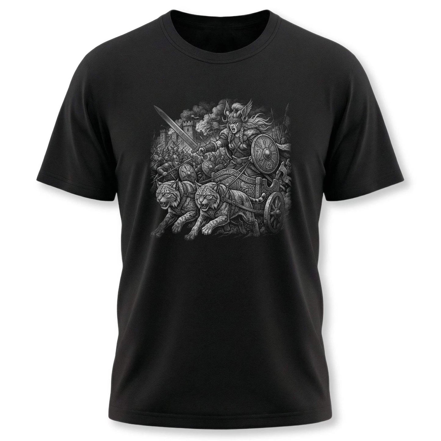 Freya Goddess Warrior T-Shirt | Norse Mythology Cats Chariot Graphic Tee Shirt