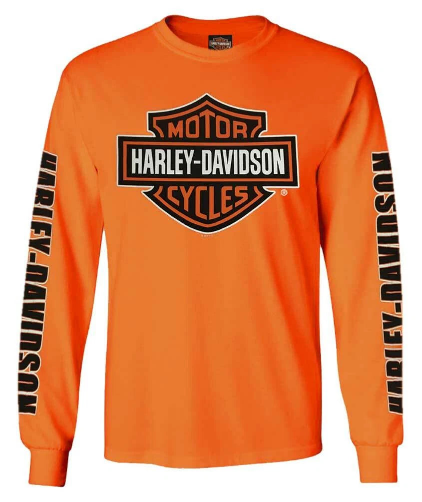 Harley-Davidson Men's Bar & Shield Long Sleeve Crew-Neck Shirt, Safety Orange