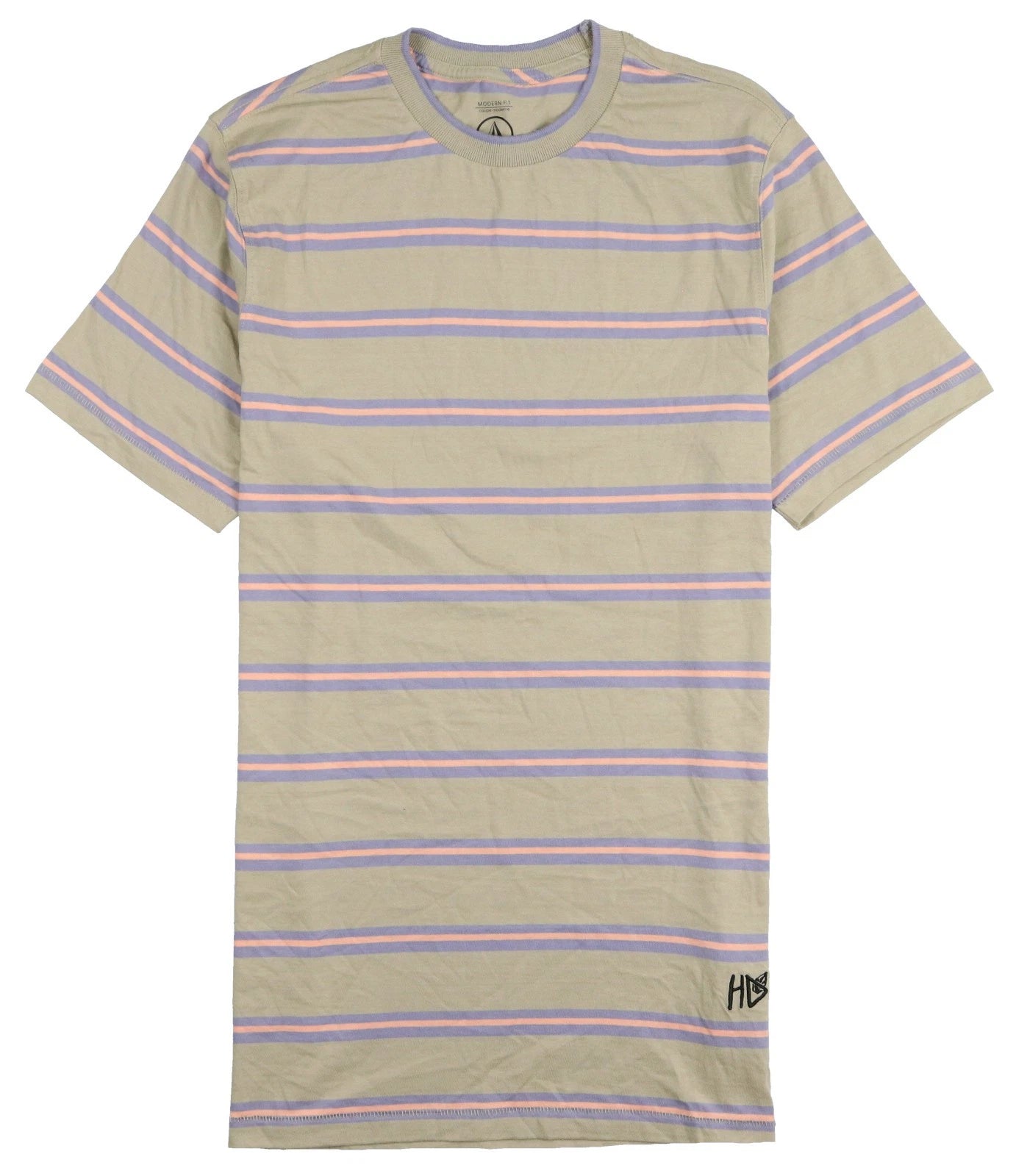 VOLCOM Entertainment Hockey Dad Crew T-Shirt XL X-Large Tan Modern Fit Striped