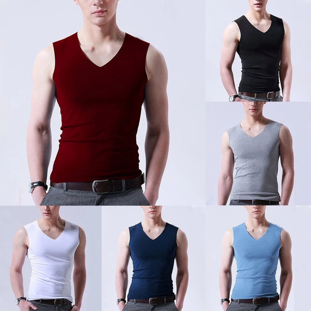 Mens Ice Silk Sleeveless Undershirt Tank Top Muscle T Shirt V Neck