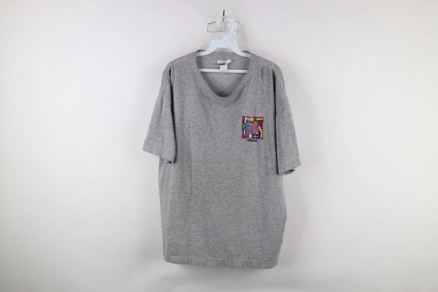 Vintage 90s Adidas Mens Large Distressed 1994 World Cup Soccer T-Shirt Gray