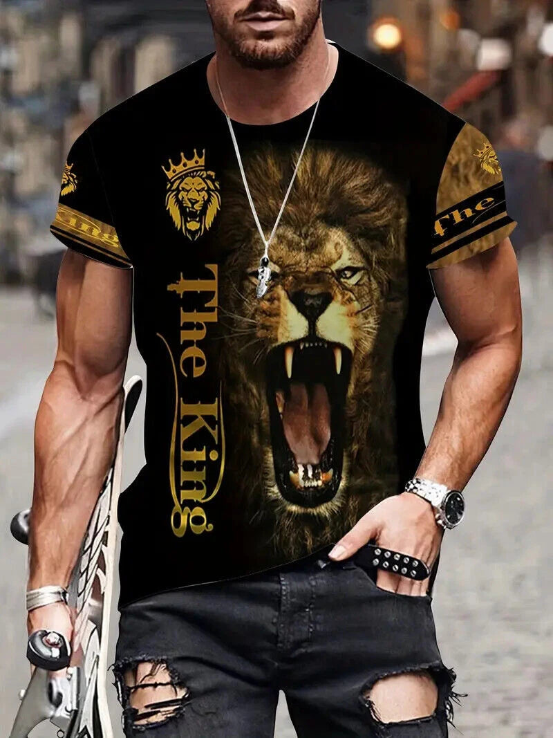 T-Shirts Fashion Gold Lion The King Black Casual Short Sleeve Novelty Silky Tee