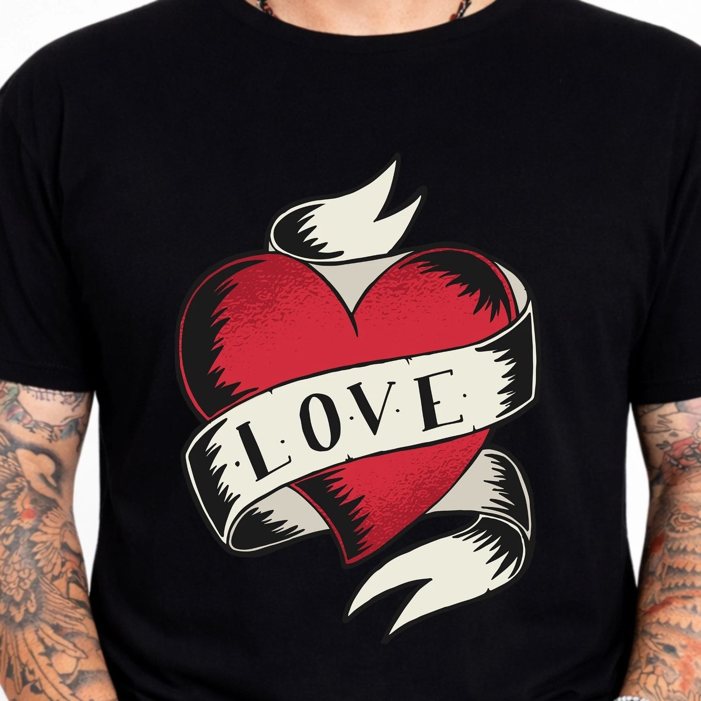 Love Heart Banner Tattoo Style Graphic T-Shirt Retro Vintage Valentines Day Gift