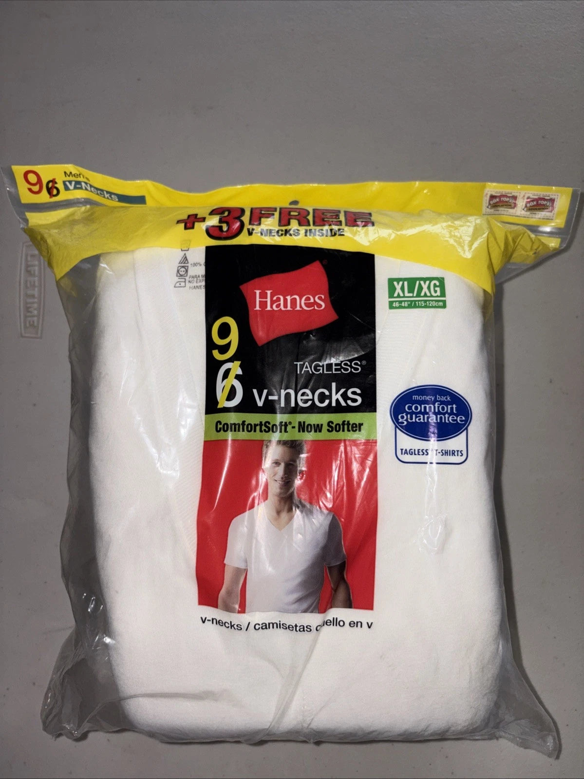 New 9 Hanes Mens White XL 46-48 Inch V-Neck T-Shirts Tagless ComfortSoft