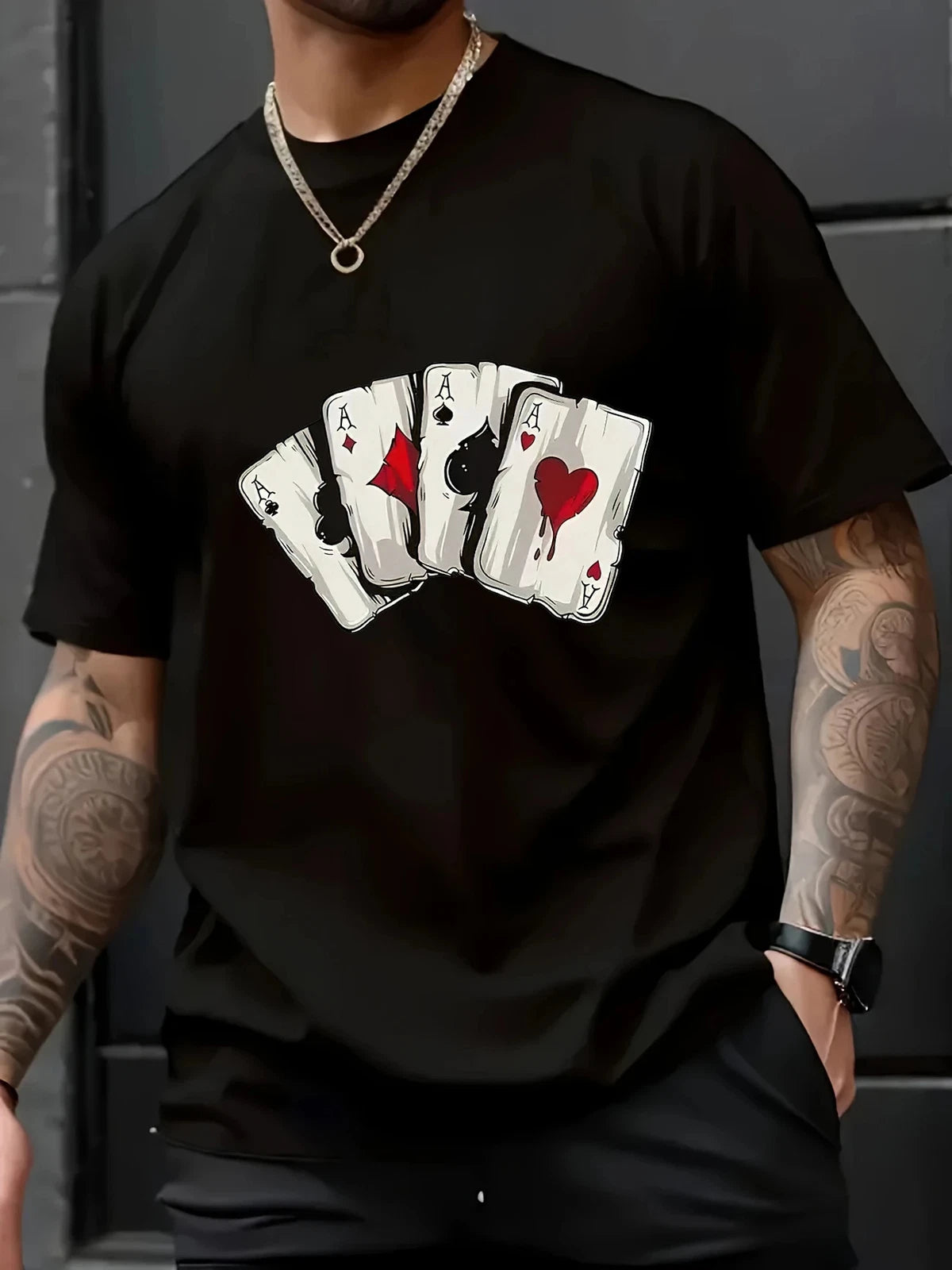 Men'S Casual Cotton T-Shirt with Playing Card Print, Crew Neck, Short Sleeve, Sl