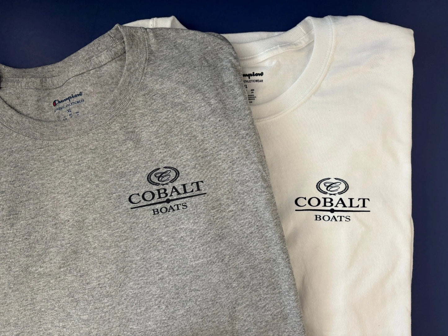 Two Cobalt Boats Screen Printed Champion T-Shirts 6.1 oz. Heavy Weight