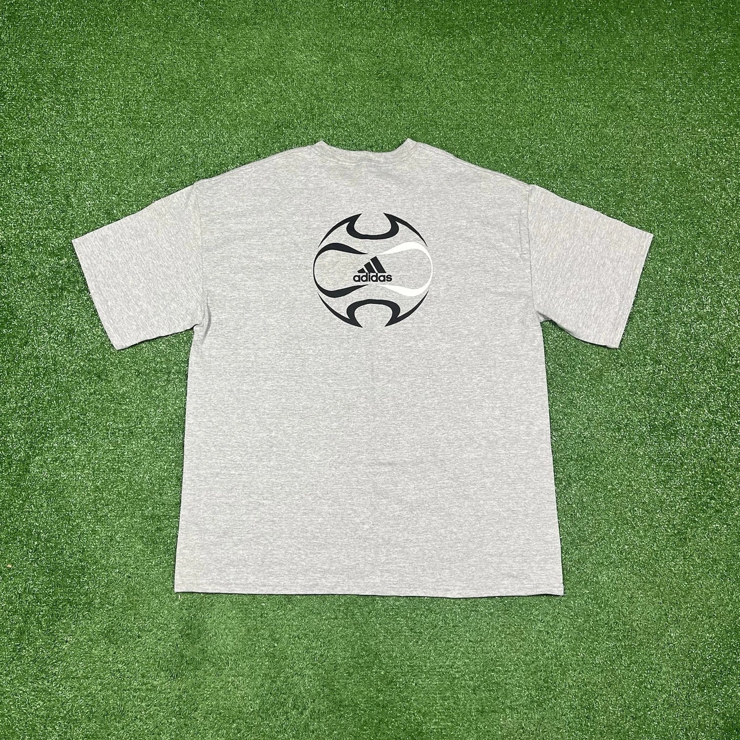 Vintage 2006 Adidas Classic Y2K Soccer Back Graphic Grey T-Shirt Men's XL 25x32