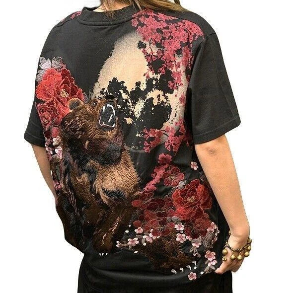 Mens T-Shirt Japanese Pattern Embroidery Beast Bear Floral Black White Unisex