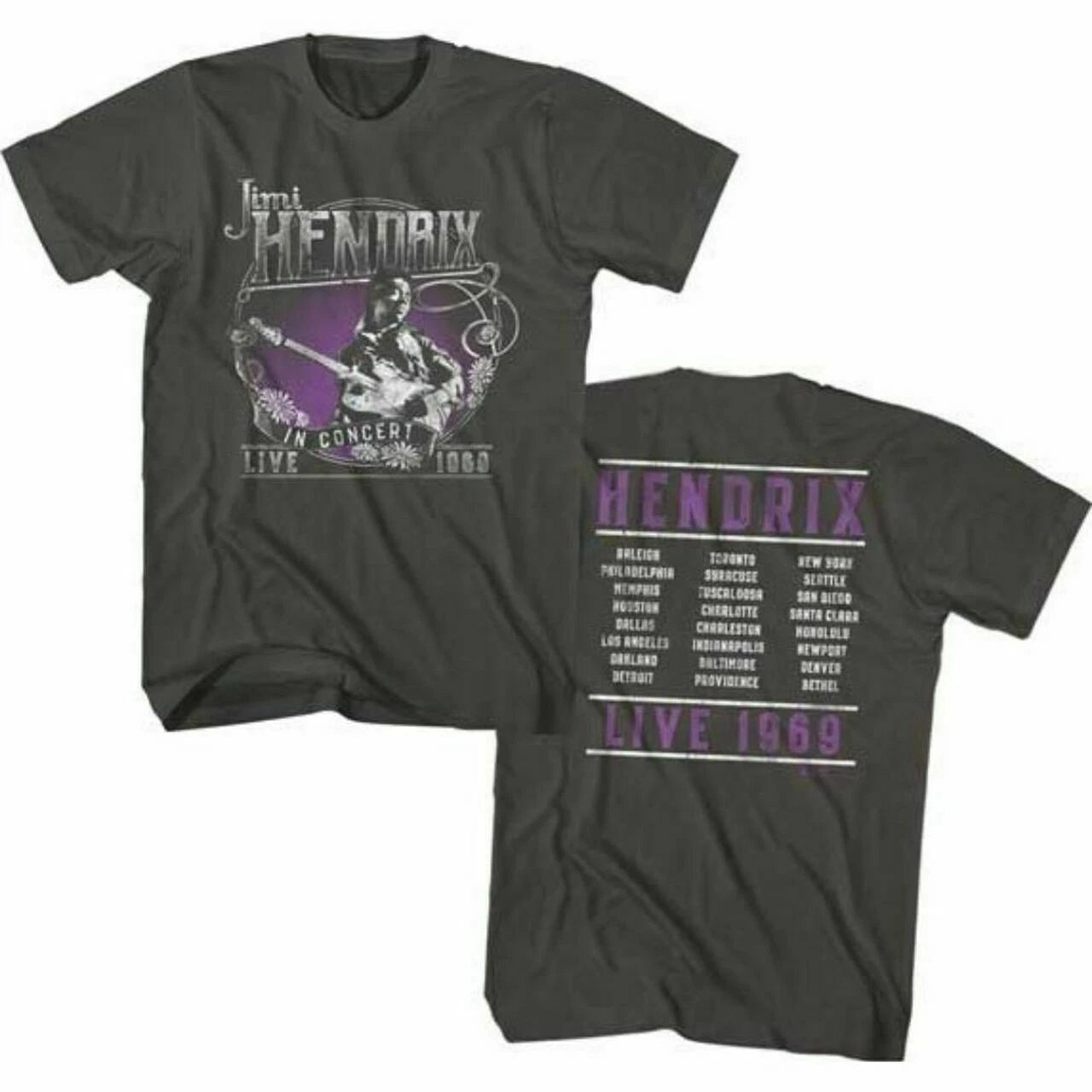 Jimi Hendrix Vintage T-shirt - Live in Concert 1969 Men's Unisex Charcoal