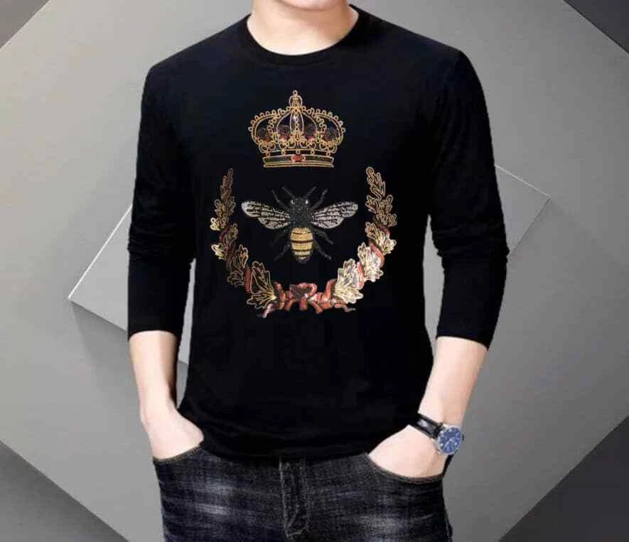 New Men Fashion Diamond Bee Crown Rhinestones Luxury T-Shirt High Quality