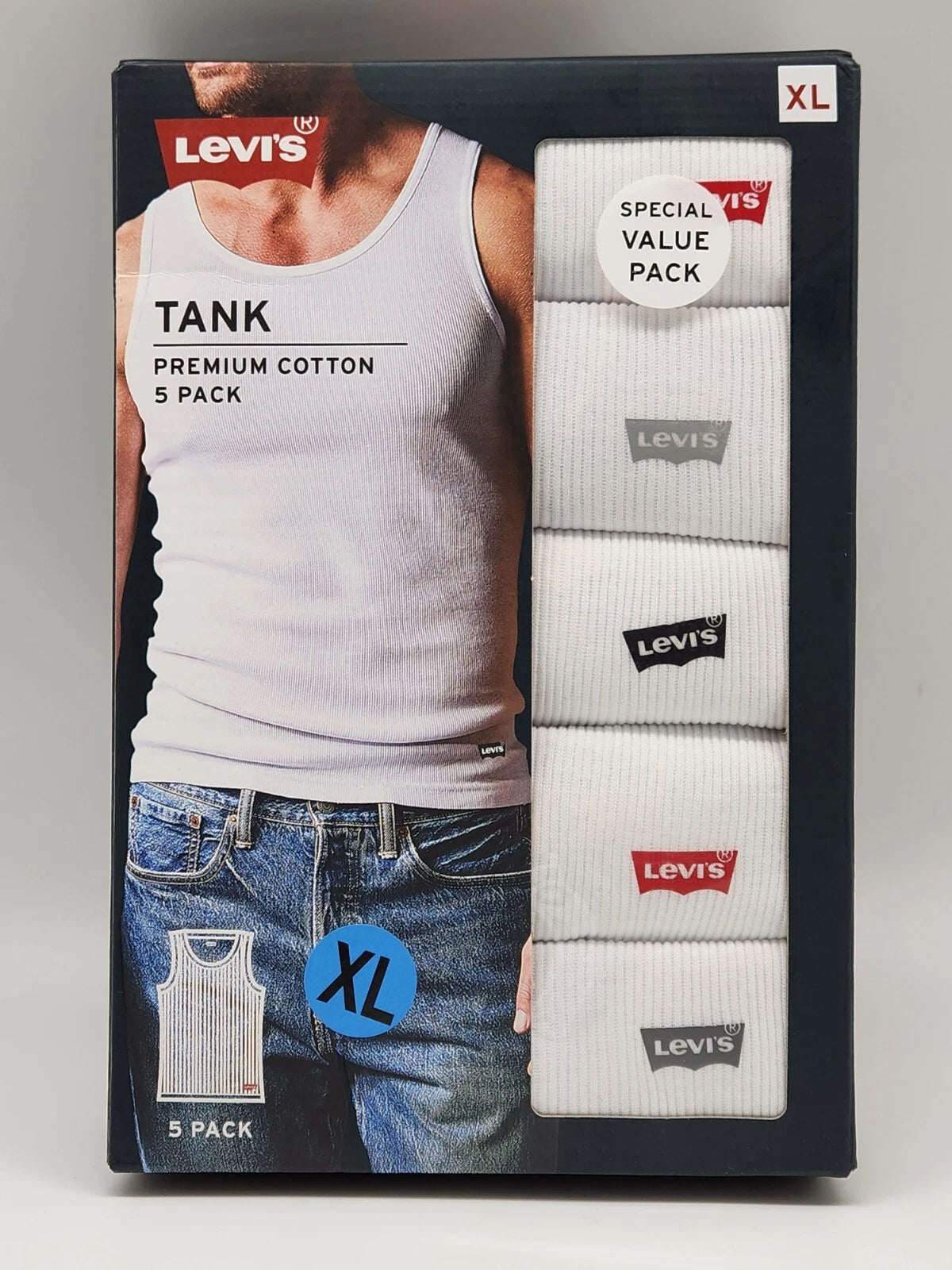 LEVIS Men's Size S M L XL Premium Cotton 5 Pack White w Logo Ribbed Tank A Shirt