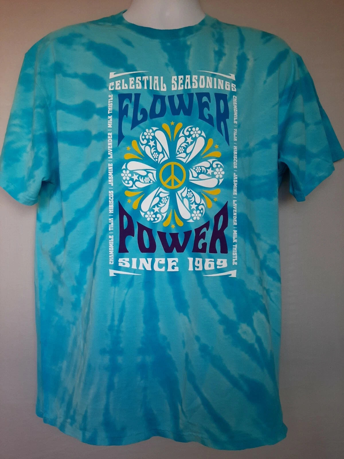 CELESTIAL SEASONINGS TEA "Flower Power" Tie-dyed T-Shirt, NEW, 100% Cotton SMALL